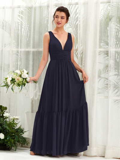 Carlyna Alissa A-Line Dark Navy Bridesmaid Dress Maxi Sleeveless V-Neck Dress Front View #color_dark-navy
