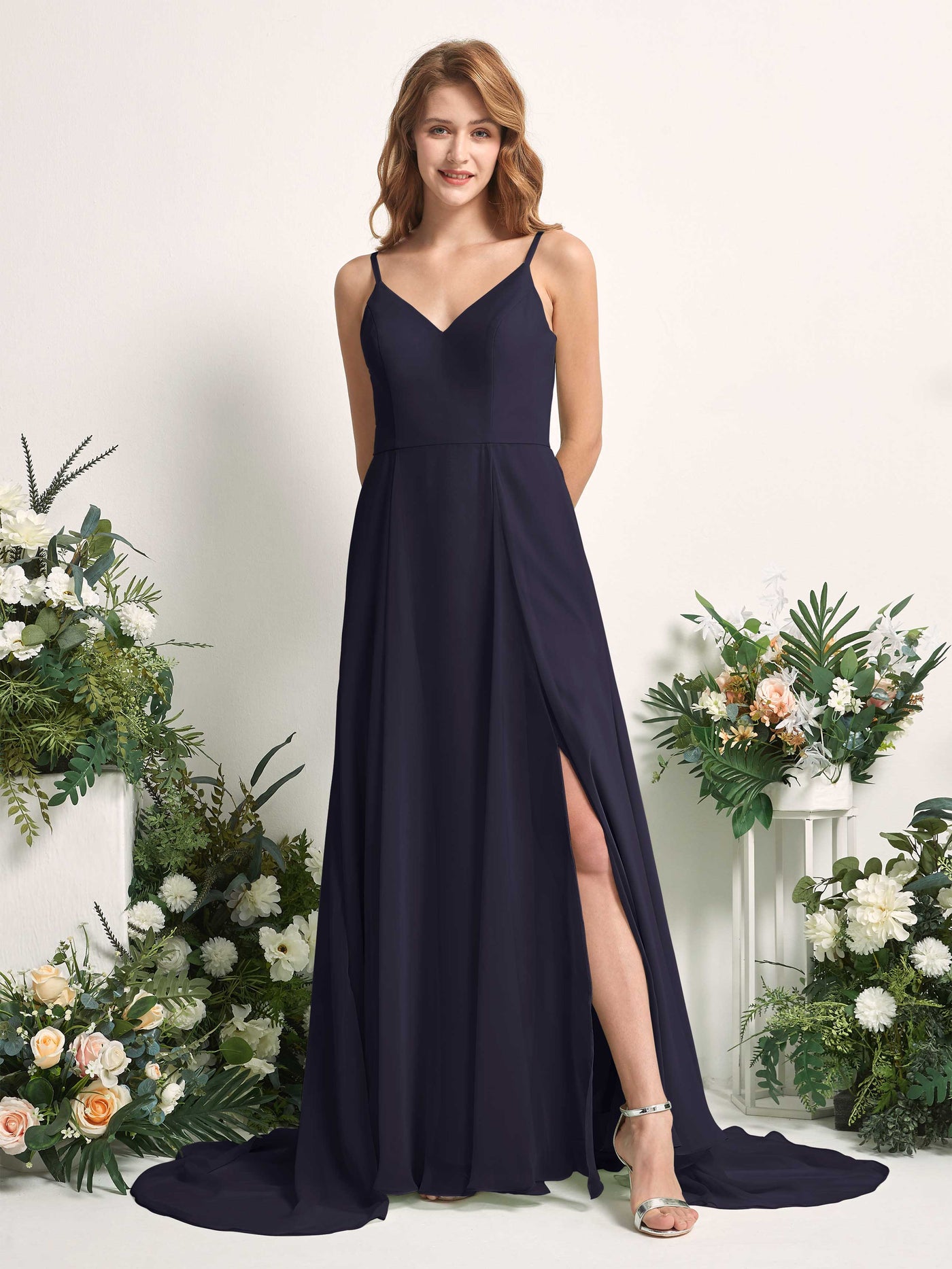 Bridesmaid Dress A-line Chiffon Spaghetti-straps Full Length Sleeveless Wedding Party Dress - Dark Navy (81227718)#color_dark-navy