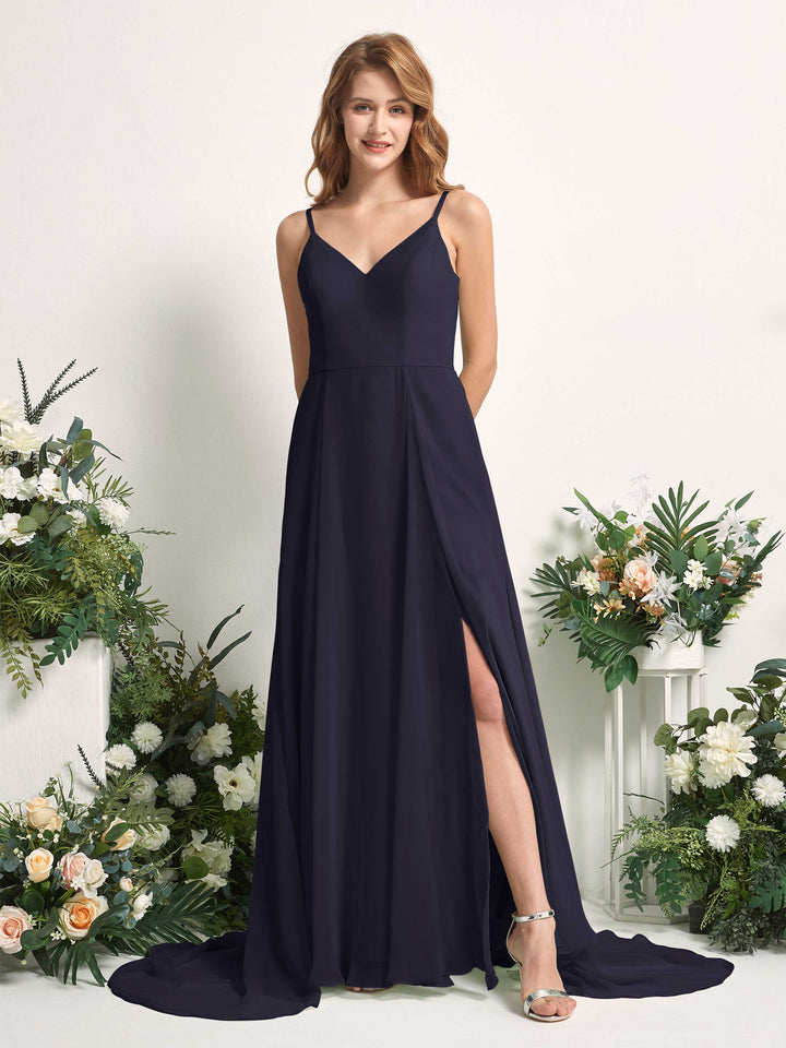 Bridesmaid Dress A-line Chiffon Spaghetti-straps Full Length Sleeveless Wedding Party Dress - Dark Navy (81227718)