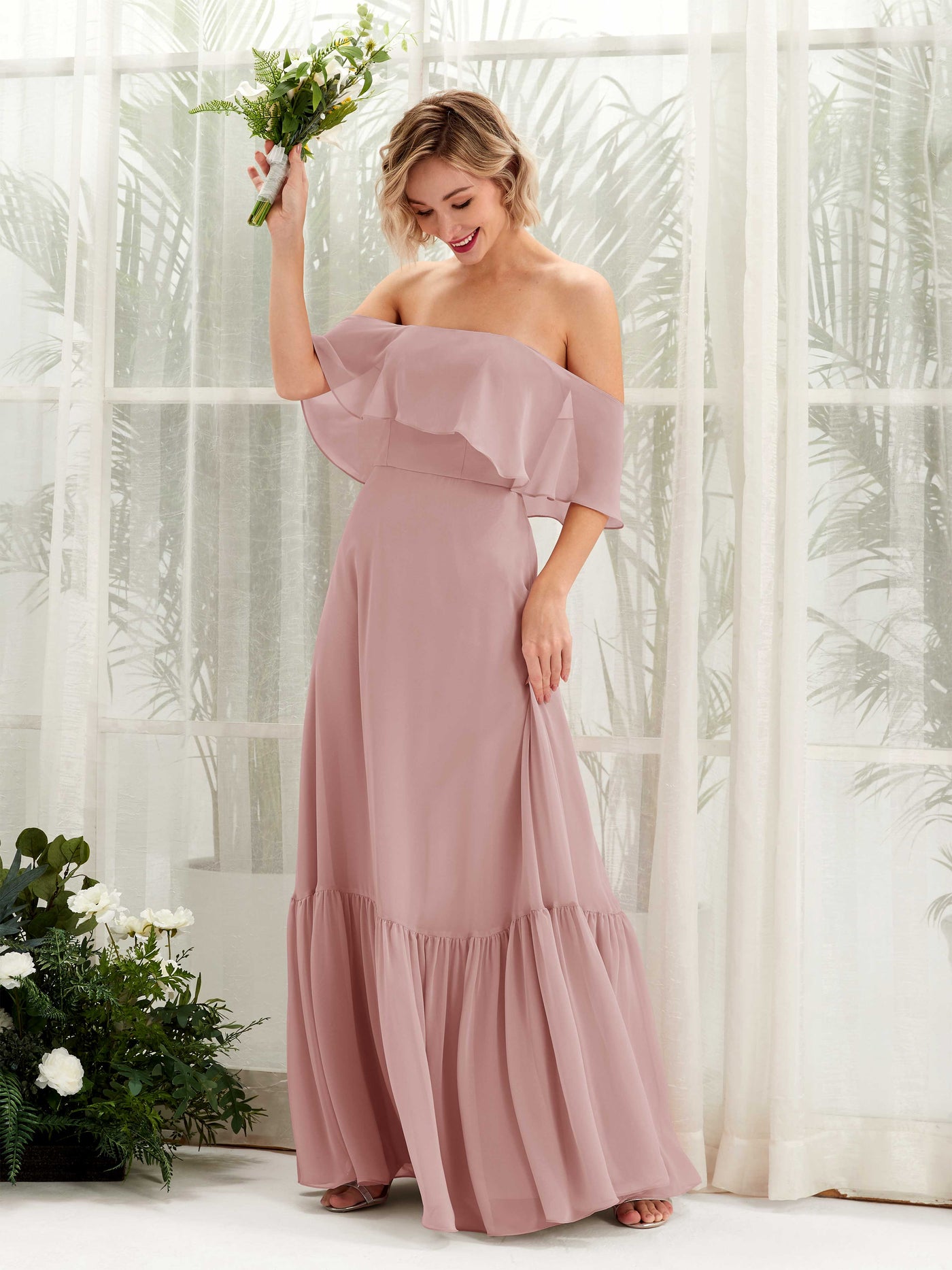 A-line Off Shoulder Chiffon Bridesmaid Dress - Dusty Rose (81224509)#color_dusty-rose