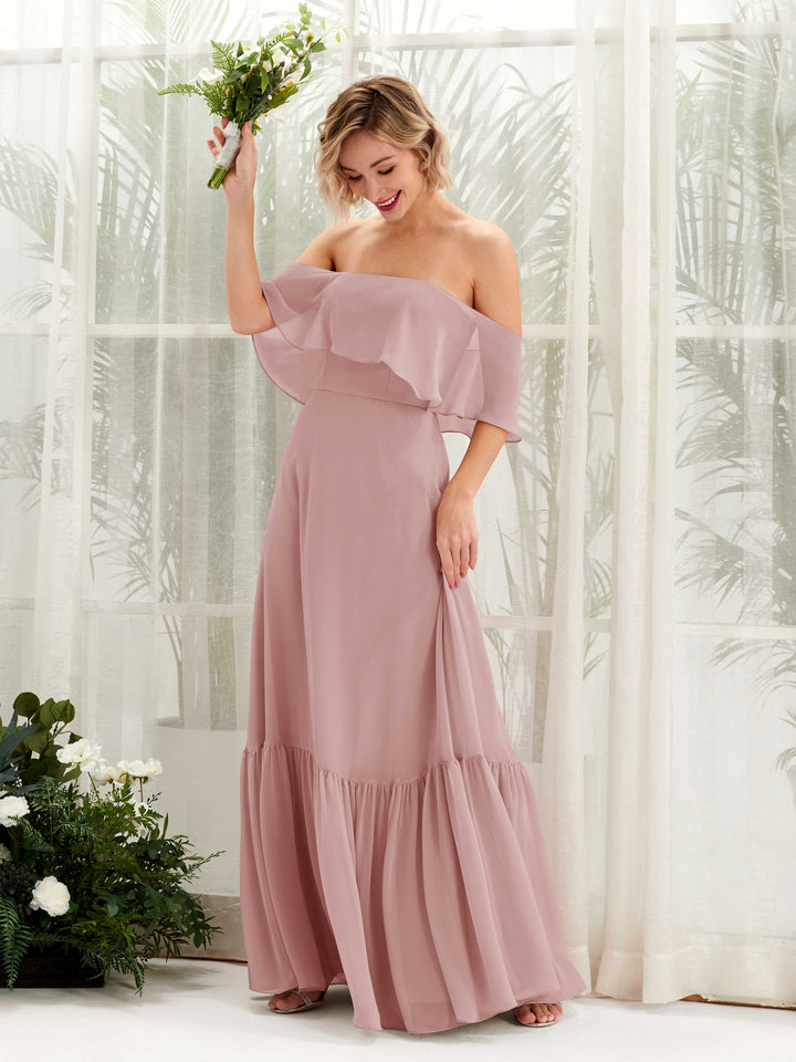 A-line Off Shoulder Chiffon Bridesmaid Dress - Dusty Rose (81224509)