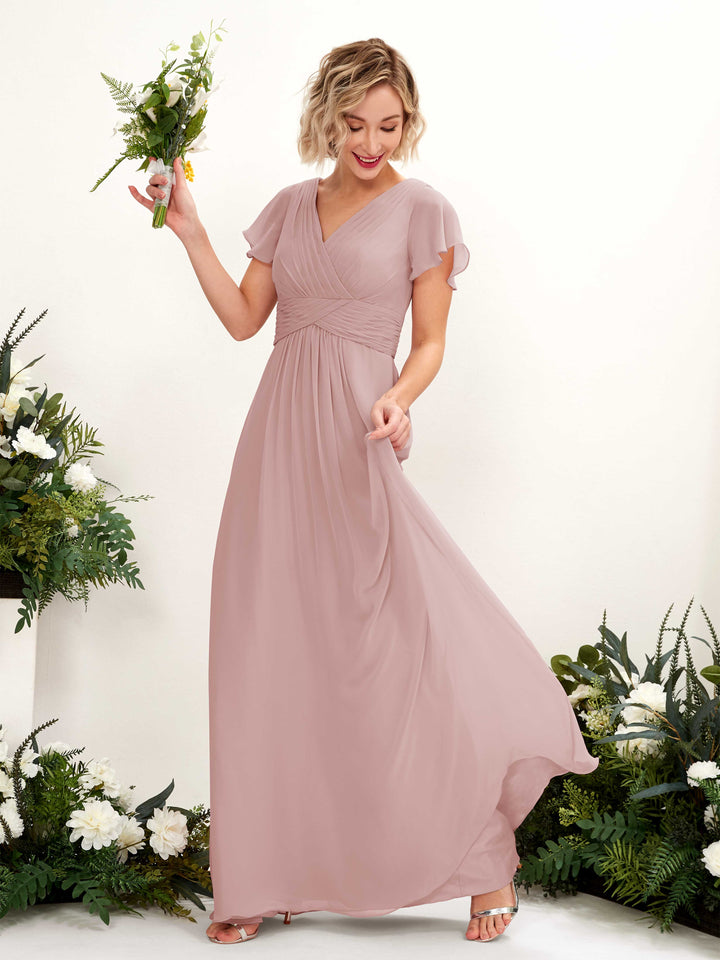 A-line V-neck Cap Sleeves Chiffon Bridesmaid Dress - Dusty Rose (81224309)