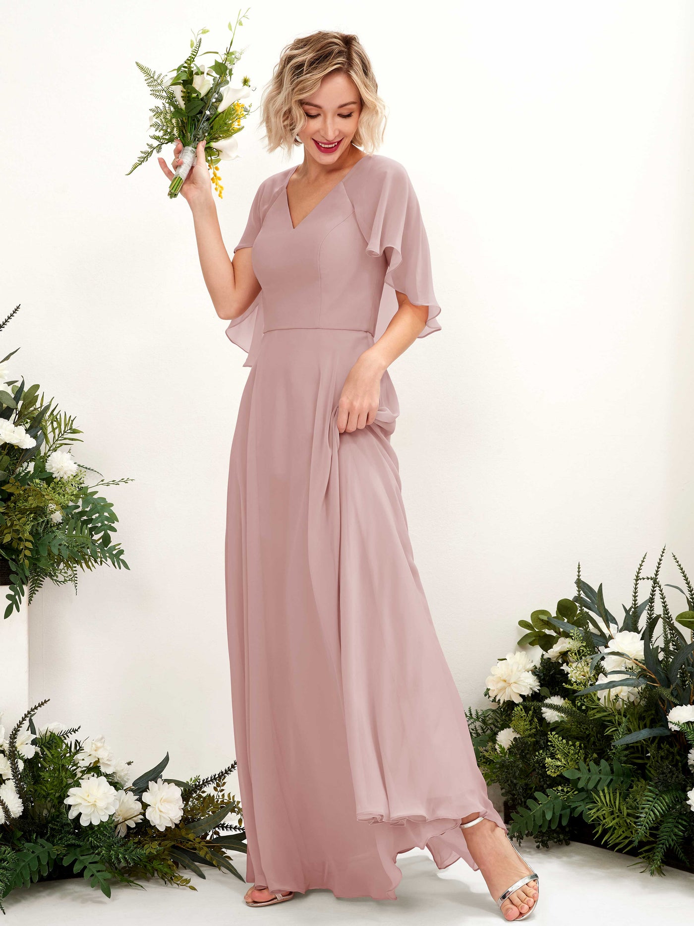 A-line V-neck Short Sleeves Chiffon Bridesmaid Dress - Dusty Rose (81224409)#color_dusty-rose