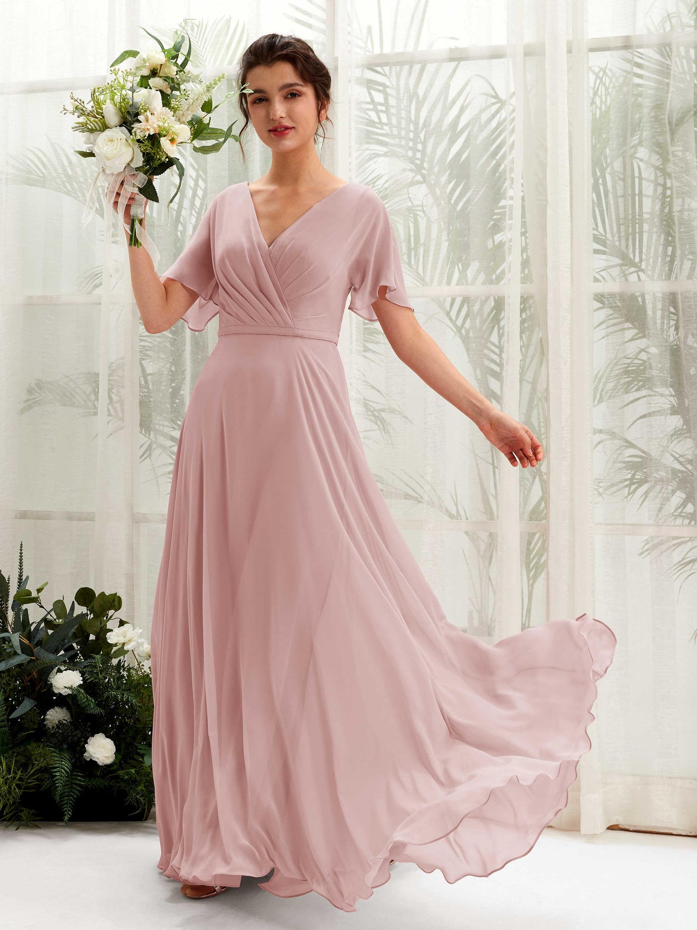 A-line V-neck Short Sleeves Chiffon Bridesmaid Dress - Dusty Rose (81224609)#color_dusty-rose