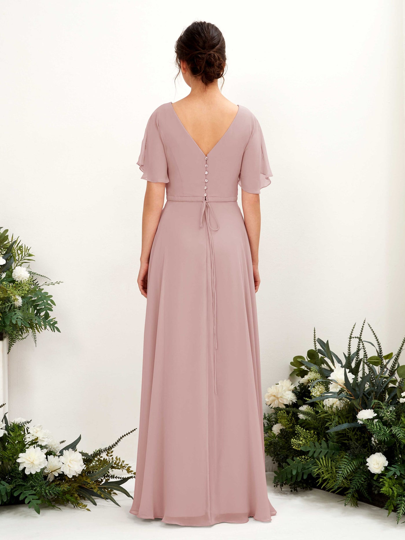 A-line V-neck Short Sleeves Chiffon Bridesmaid Dress - Dusty Rose (81224609)#color_dusty-rose