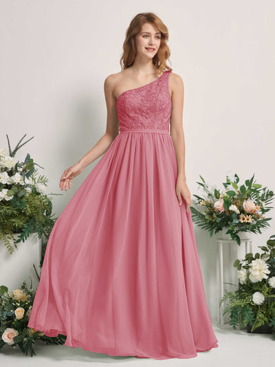Carlyna Bonita A-Line Desert Rose Embroidered Bridesmaid Dress Maxi Sleeveless One Shoulder Dress Front View #color_desert-rose