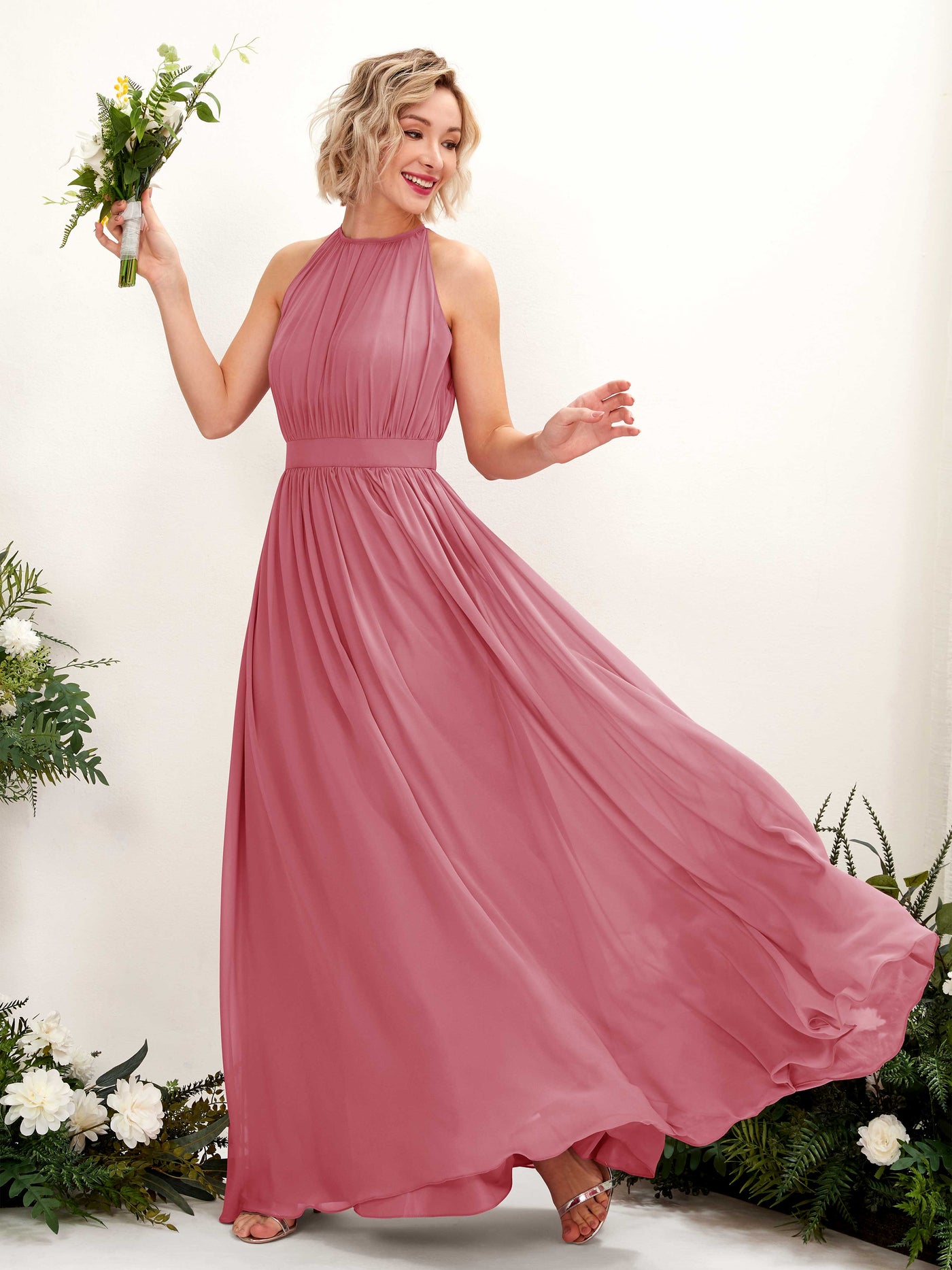 Halter Sleeveless Chiffon Bridesmaid Dress - Desert Rose (81223111)#color_desert-rose