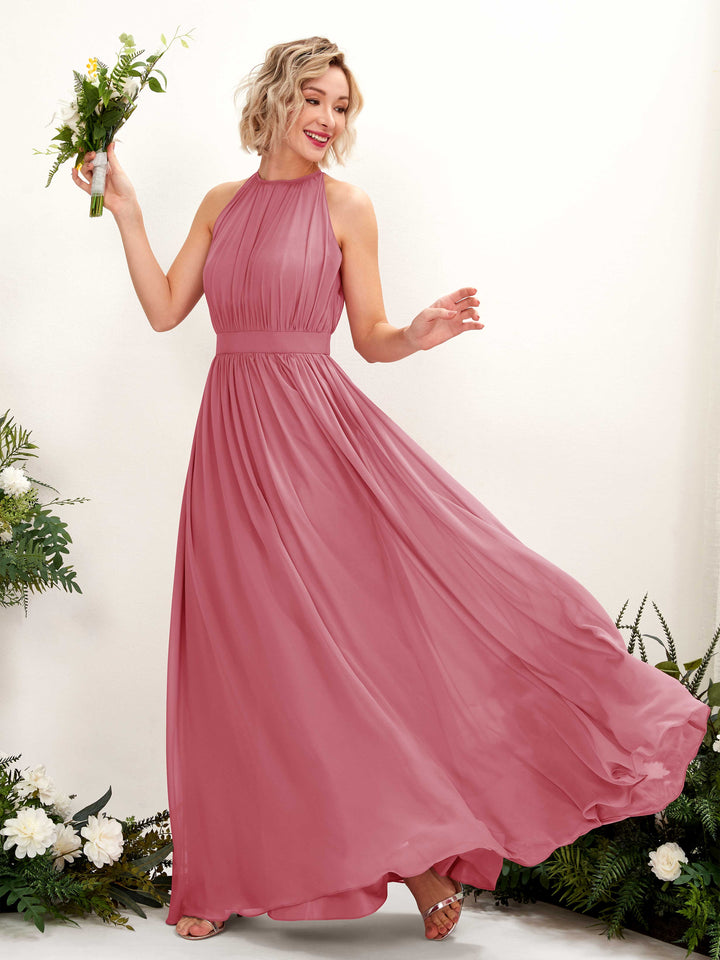 Halter Sleeveless Chiffon Bridesmaid Dress - Desert Rose (81223111)