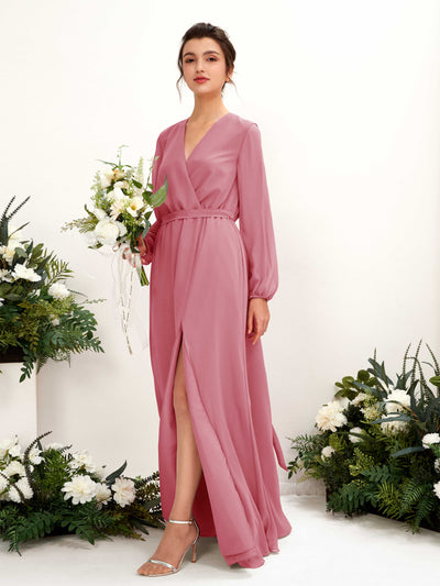 Carlyna Elsie A-Line Desert Rose Bridesmaid Dress Maxi Long Sleeve V-Neck Front View #color_desert-rose