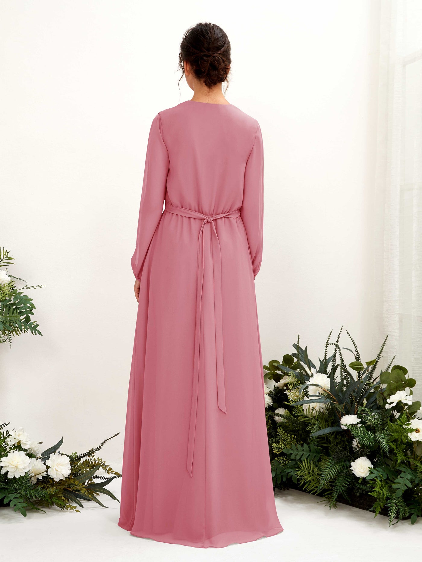 V-neck Long Sleeves Chiffon Bridesmaid Dress - Desert Rose (81223211)#color_desert-rose