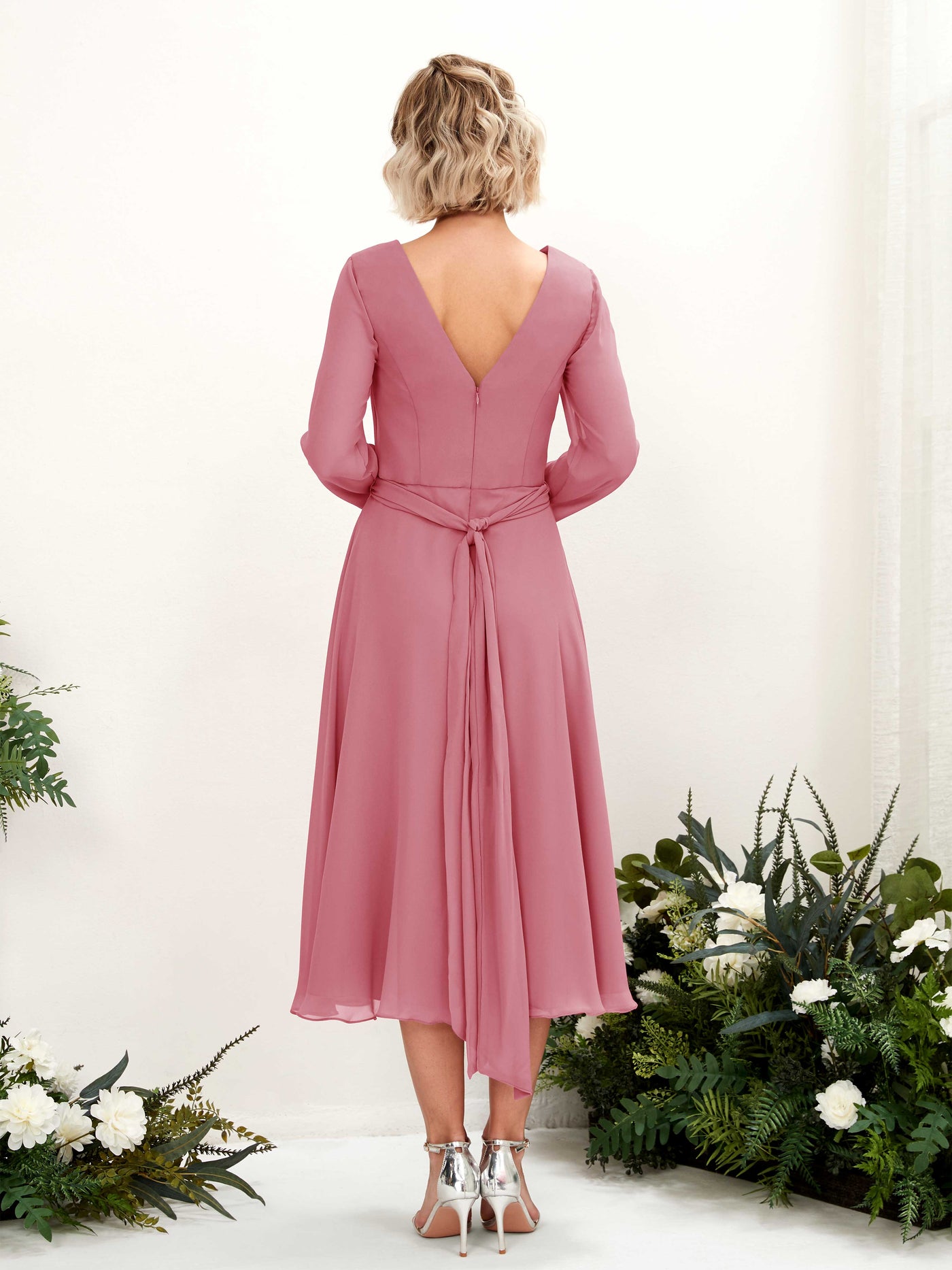 V-neck Long Sleeves Chiffon Bridesmaid Dress - Desert Rose (81223311)#color_desert-rose