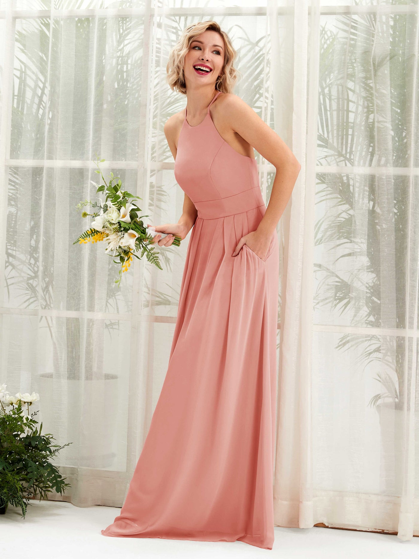 A-line Ball Gown Halter Spaghetti-straps Sleeveless Bridesmaid Dress - Champagne Rose (81225206)#color_champagne-rose