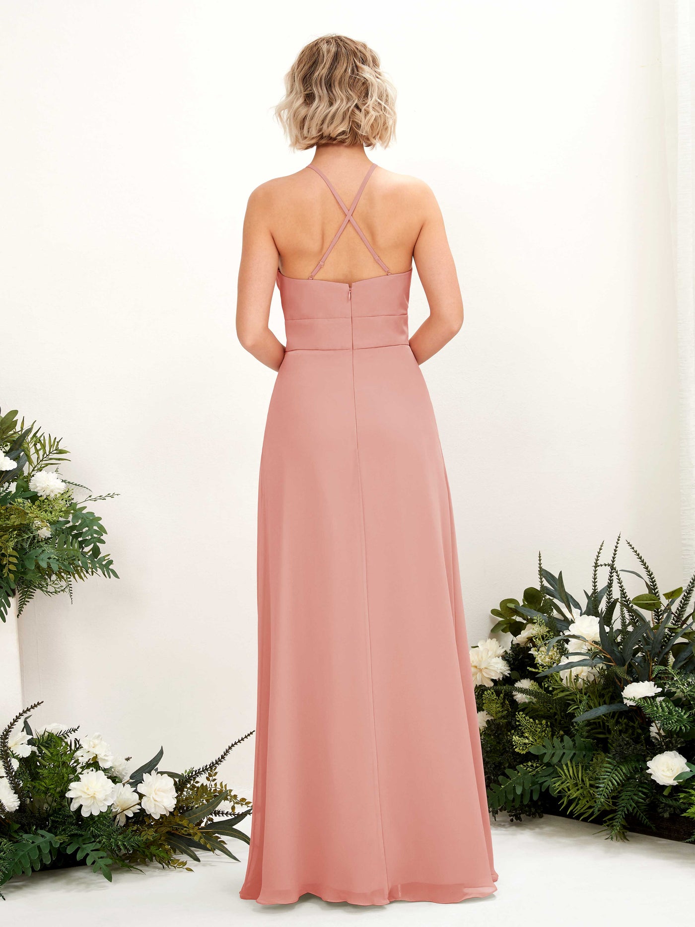 A-line Ball Gown Halter Spaghetti-straps Sleeveless Bridesmaid Dress - Champagne Rose (81225206)#color_champagne-rose