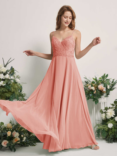 Carlyna Gail A-Line Champagne Rose Beaded Bridesmaid Dress Maxi Sleeveless V-Neck Dress Front View #color_champagne-rose