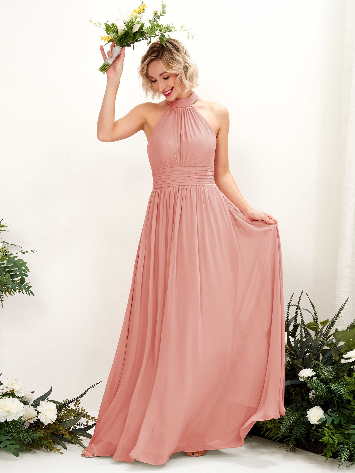 Ball Gown Halter Sleeveless Chiffon Bridesmaid Dress - Champagne Rose (81225306)#color_champagne-rose