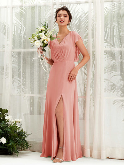 Carlyna Annie A-Line Champagne Rose Bridesmaid Dress Maxi Cap Sleeve V-Neck Dress Front View #color_champagne-rose