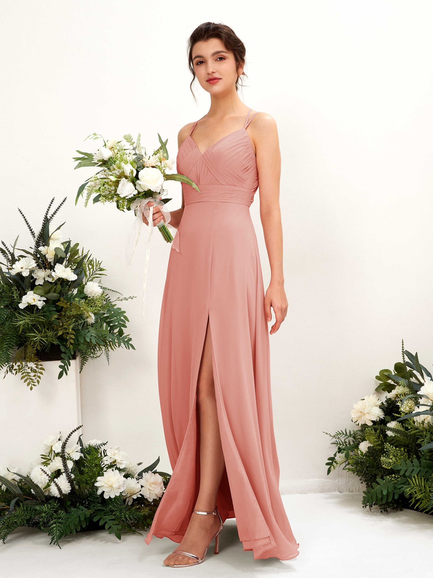 Straps V-neck Sleeveless Chiffon Bridesmaid Dress - Champagne Rose (81225406)#color_champagne-rose