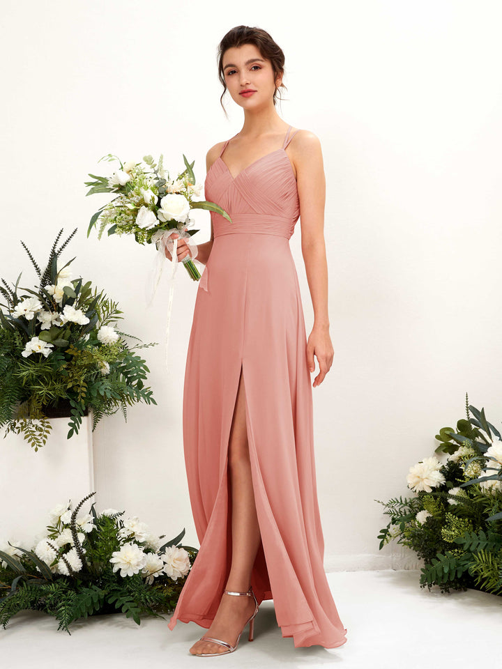 Straps V-neck Sleeveless Chiffon Bridesmaid Dress - Champagne Rose (81225406)
