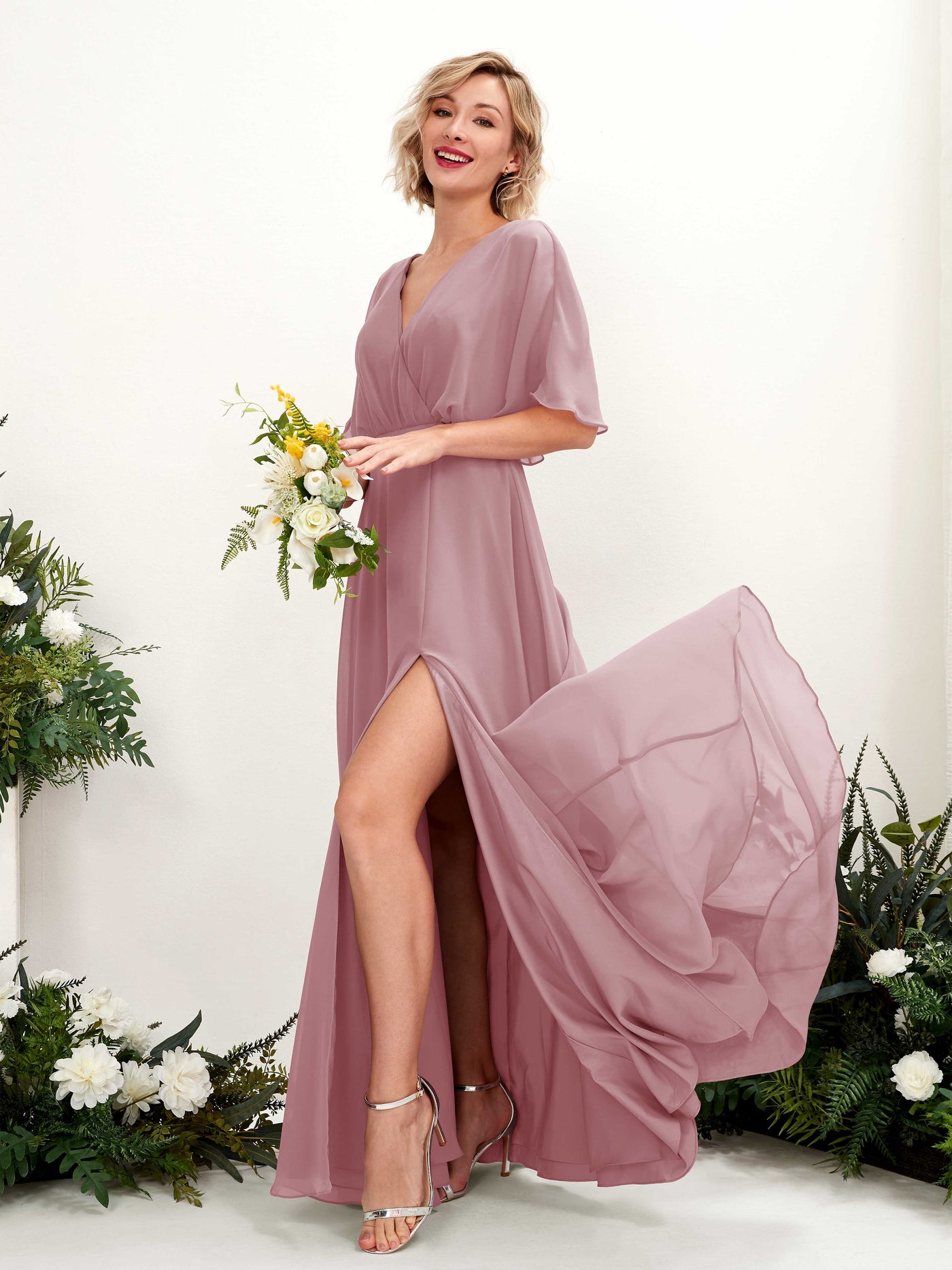 V-neck 1/2 Sleeves Chiffon Bridesmaid Dress - Vintage Mauve (81225101)#color_vintage-mauve