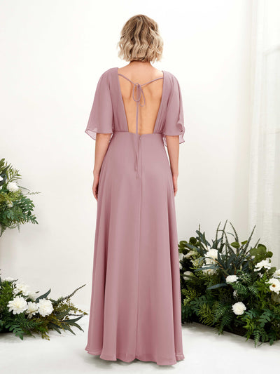 Carlyna Dhea A-Line Vintage Mauve Bridesmaid Dress Maxi Short Sleeve V-Neck Dress Back View #color_vintage-mauve