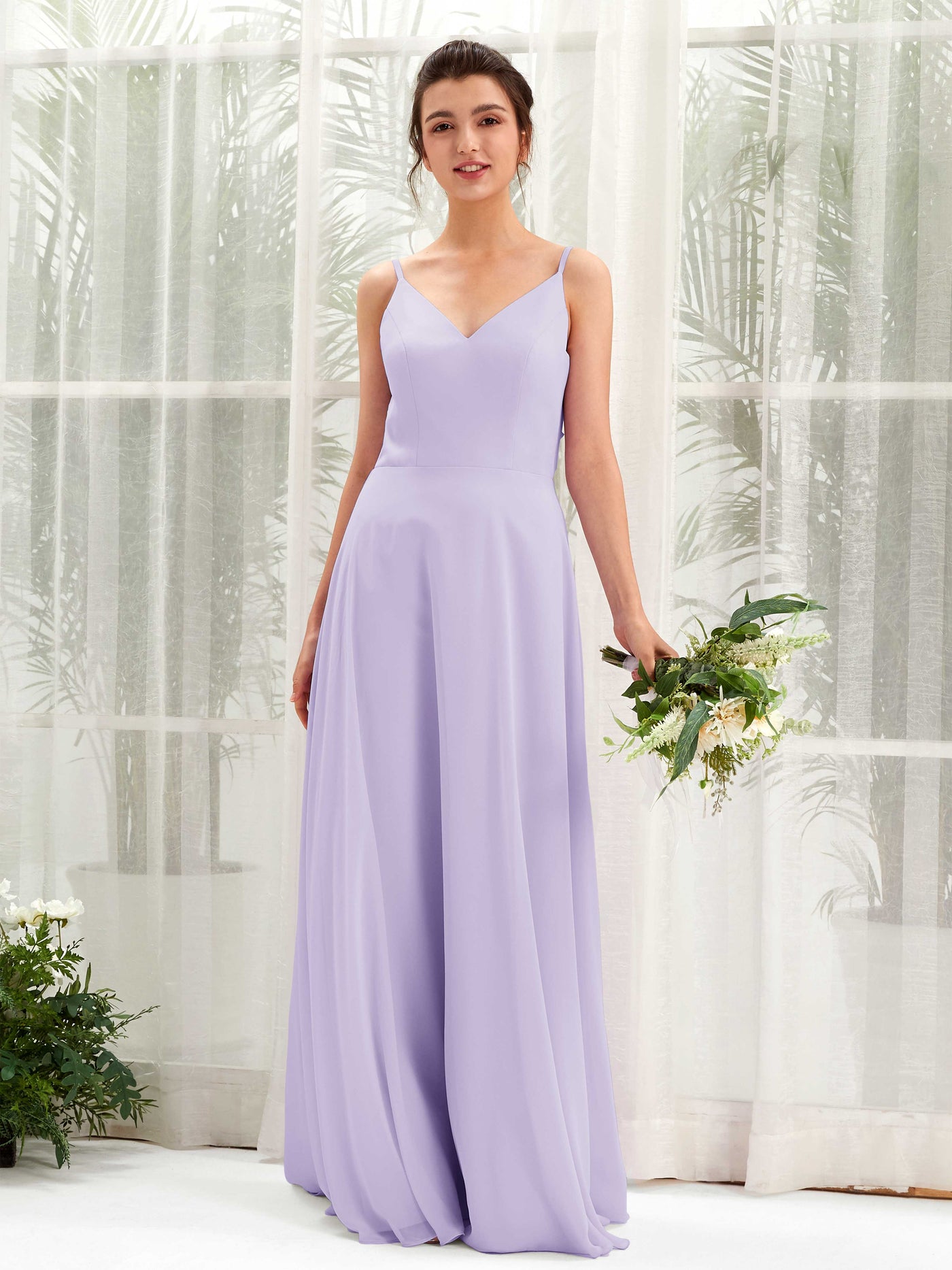 A-line Spaghetti-straps V-neck Sleeveless Chiffon Bridesmaid Dress - Lilac (81220614)#color_lilac