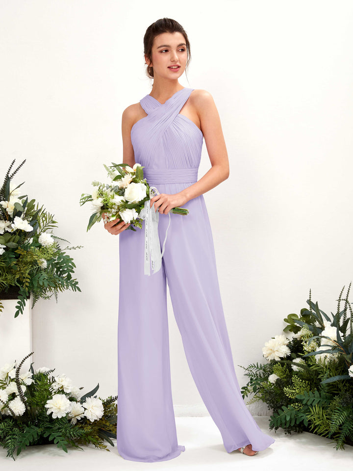 V-neck Sleeveless Chiffon Bridesmaid Dress Wide-Leg Jumpsuit - Lilac (81220714)