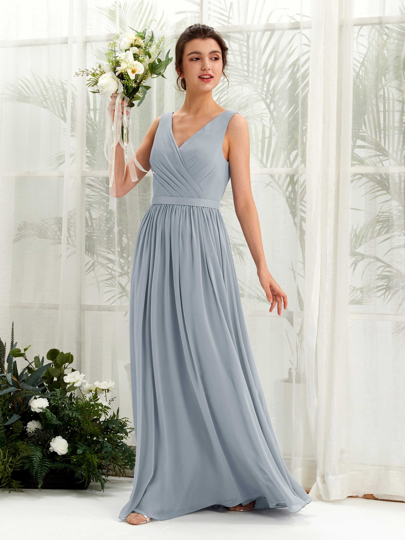 V-neck Sleeveless Chiffon Bridesmaid Dress - Dusty Blue-Upgrade (81223604)#color_dusty-blue-upgrade