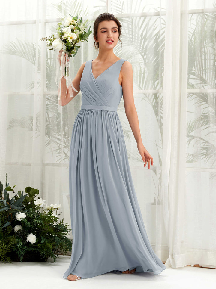 V-neck Sleeveless Chiffon Bridesmaid Dress - Dusty Blue-Upgrade (81223604)
