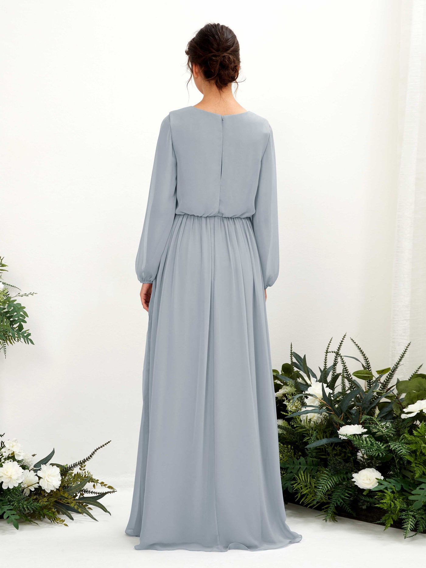 V-neck Long Sleeves Chiffon Bridesmaid Dress - Dusty Blue-Upgrade (81223804)#color_dusty-blue-upgrade
