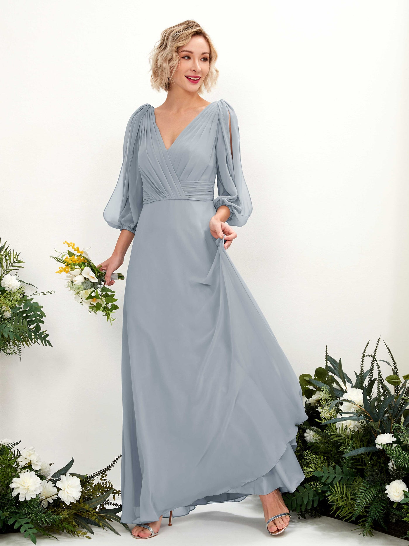 V-neck 3/4 Sleeves Chiffon Bridesmaid Dress - Dusty Blue-Upgrade (81223504)#color_dusty-blue-upgrade