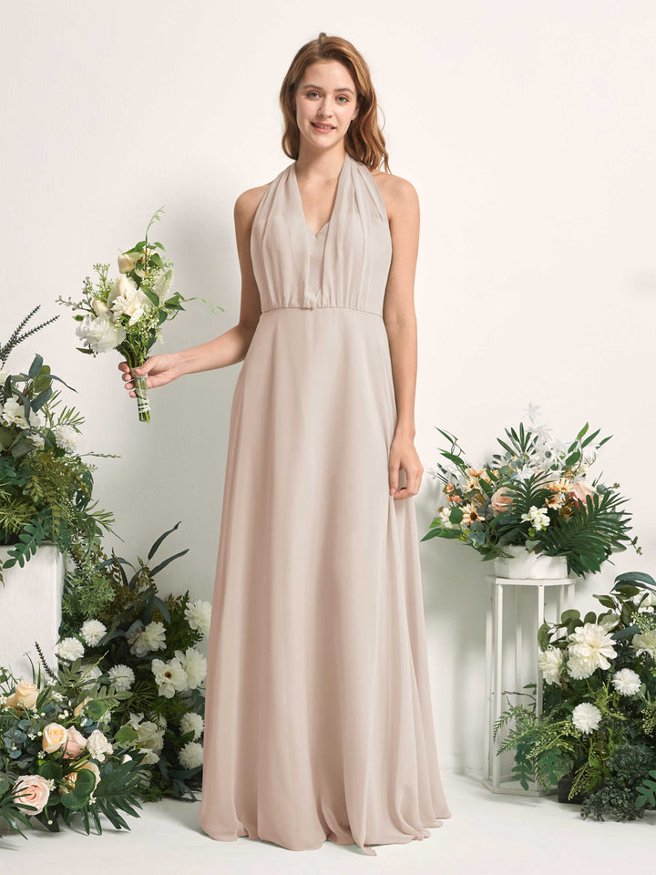 Bridesmaid Dress A-line Chiffon Halter Full Length Short Sleeves Wedding Party Dress - Champagne (81226316)