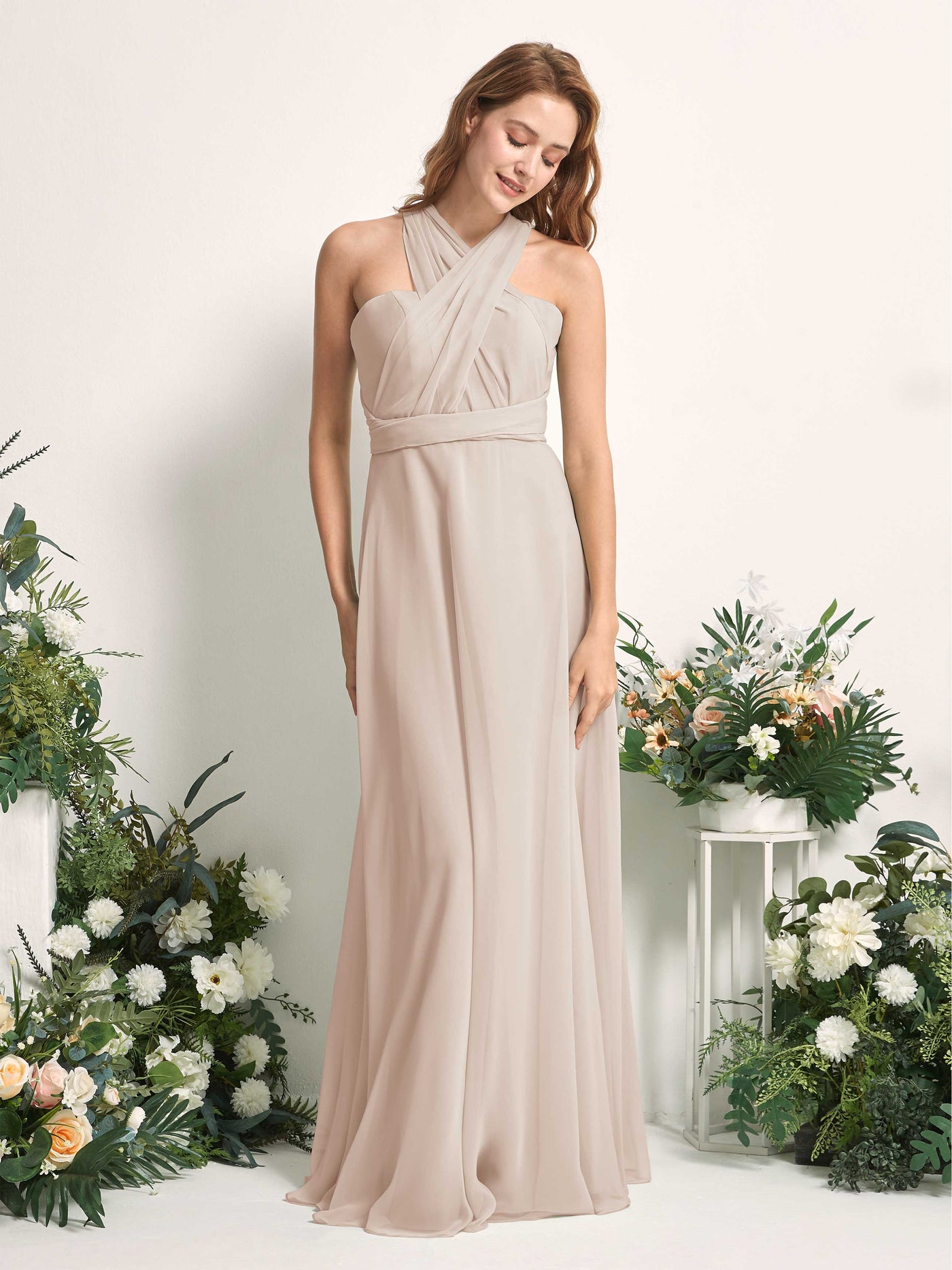 Bridesmaid Dress A-line Chiffon Halter Full Length Short Sleeves Wedding Party Dress - Champagne (81226316)#color_champagne