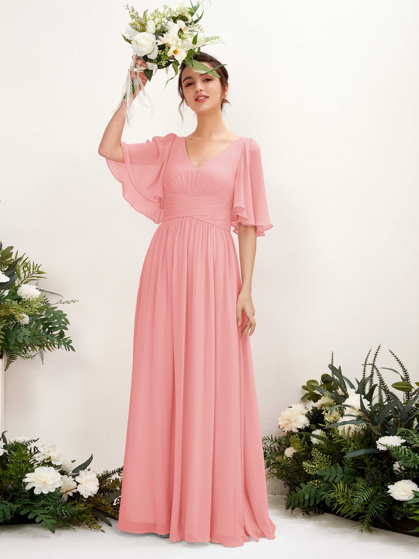 A-line V-neck 1/2 Sleeves Chiffon Bridesmaid Dress - Ballet Pink (81221640)#color_ballet-pink