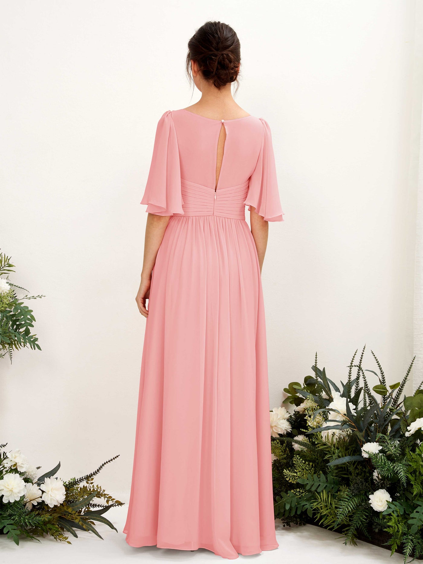 A-line V-neck 1/2 Sleeves Chiffon Bridesmaid Dress - Ballet Pink (81221640)#color_ballet-pink