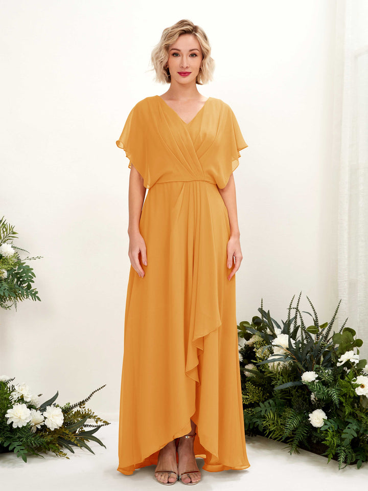 A-line V-neck Short Sleeves Chiffon Bridesmaid Dress - Mango (81222102)