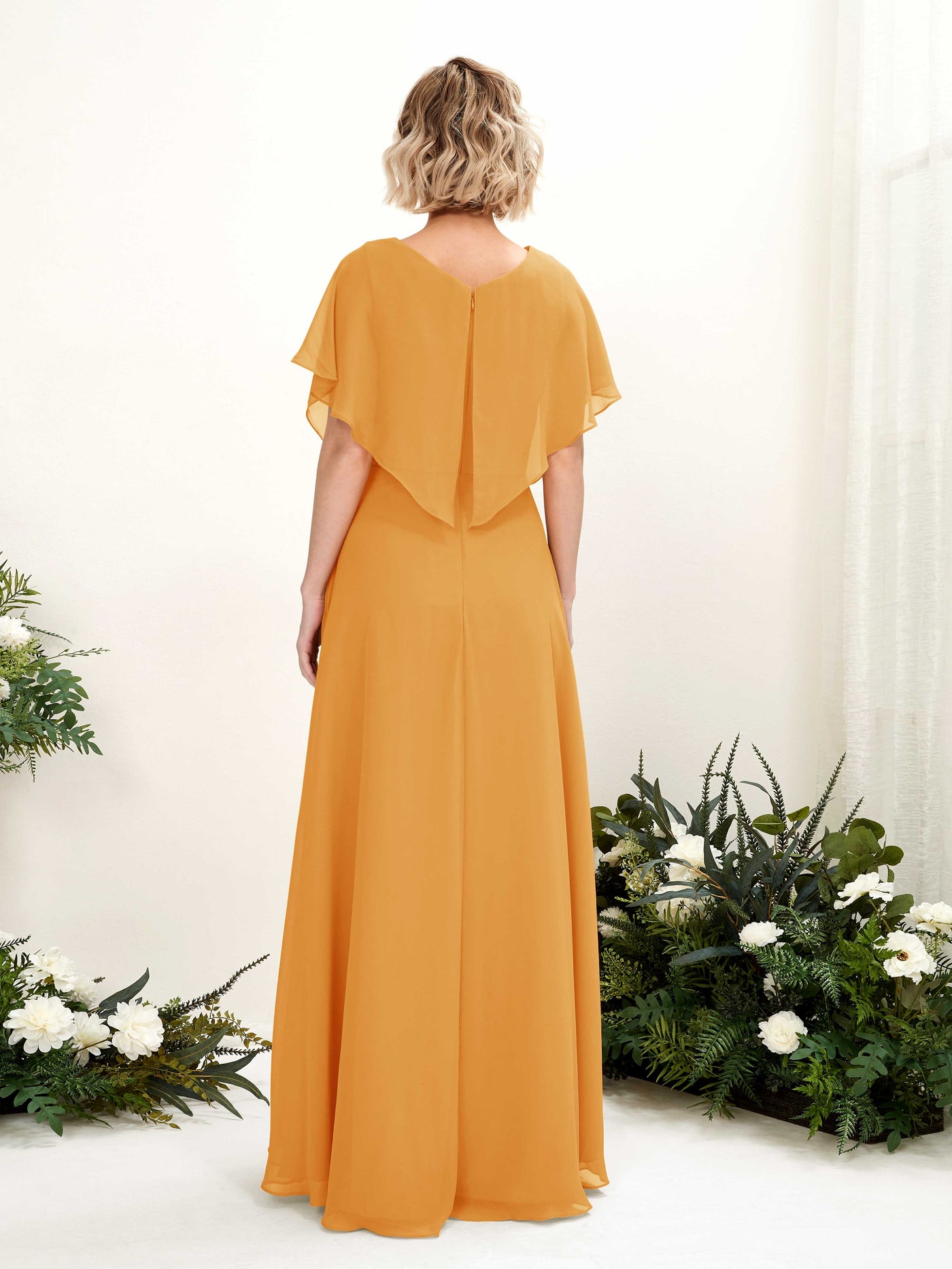 A-line V-neck Short Sleeves Chiffon Bridesmaid Dress - Mango (81222102)#color_mango