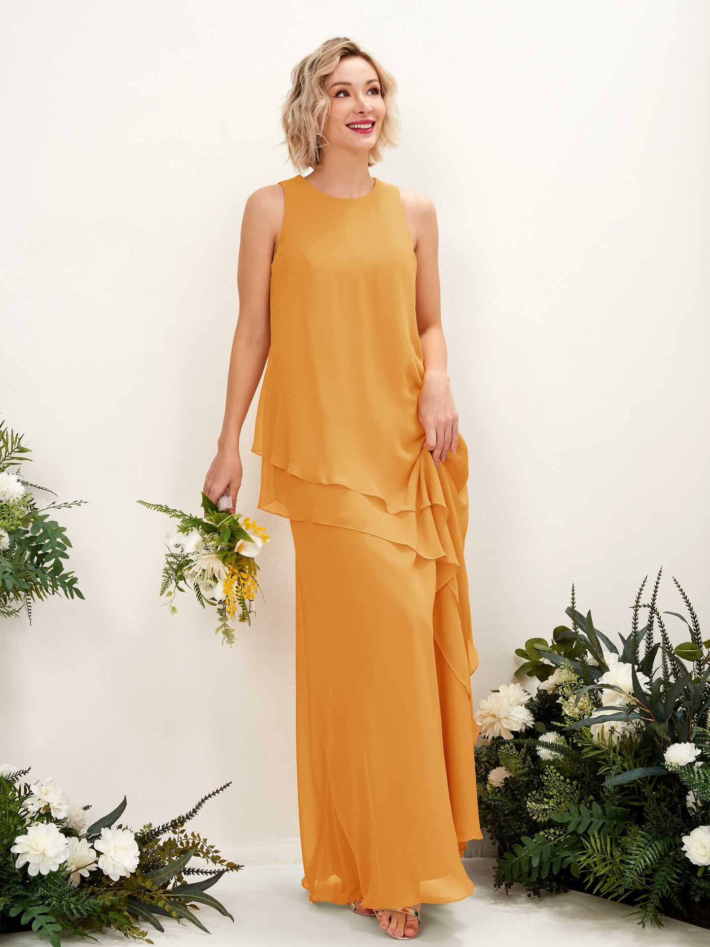 Round Sleeveless Chiffon Bridesmaid Dress - Mango (81222302)#color_mango