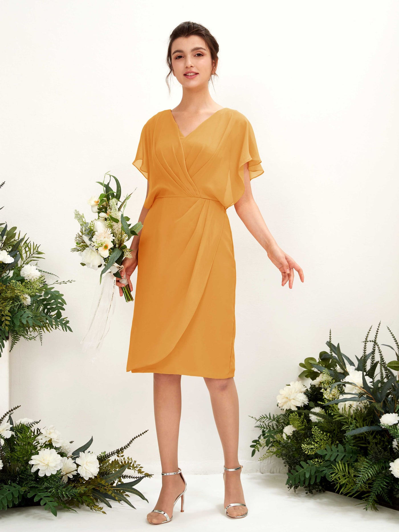 V-neck Short Sleeves Chiffon Bridesmaid Dress - Mango (81222202)#color_mango