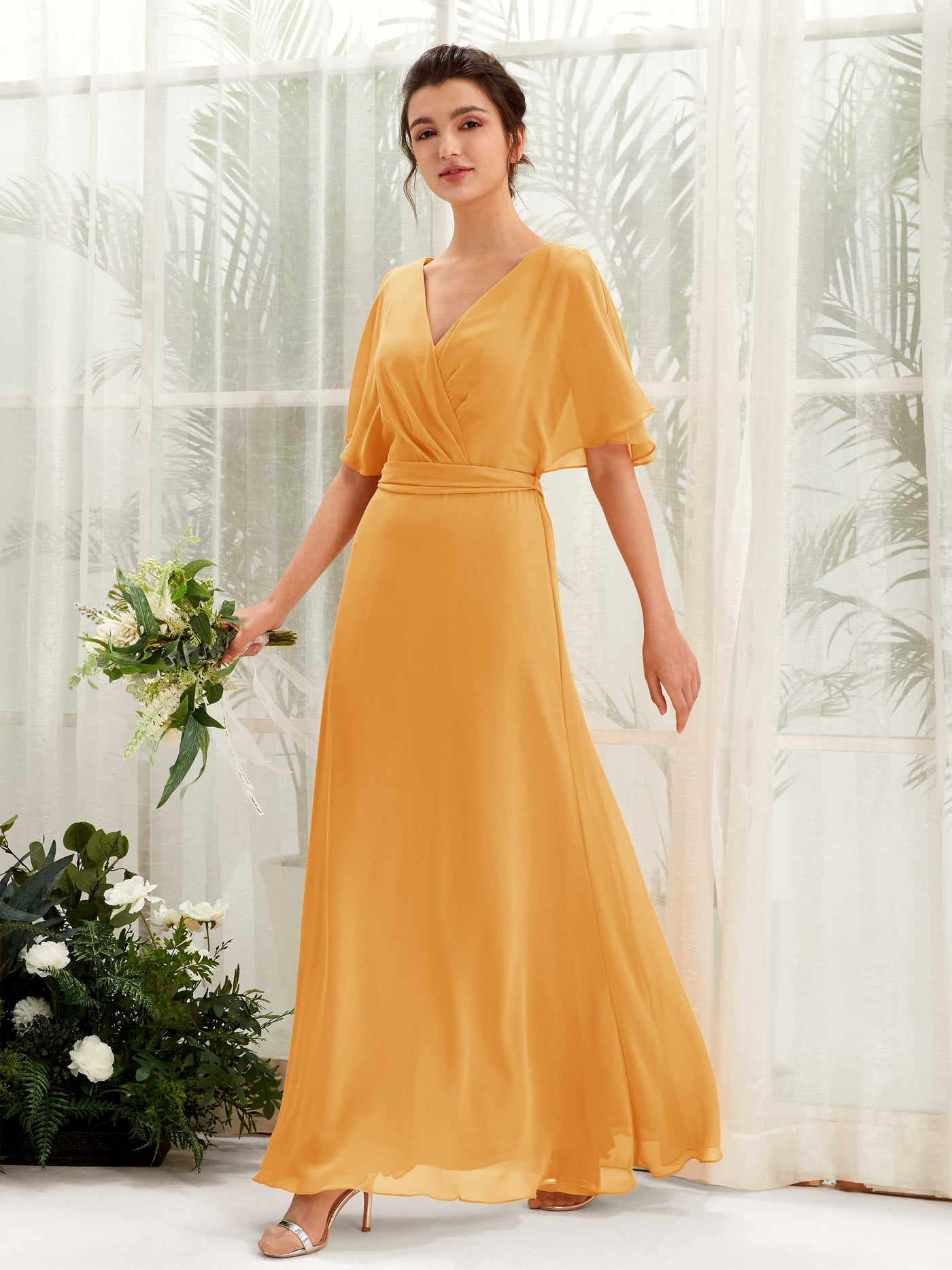 V-neck Short Sleeves Chiffon Bridesmaid Dress - Mango (81222402)#color_mango