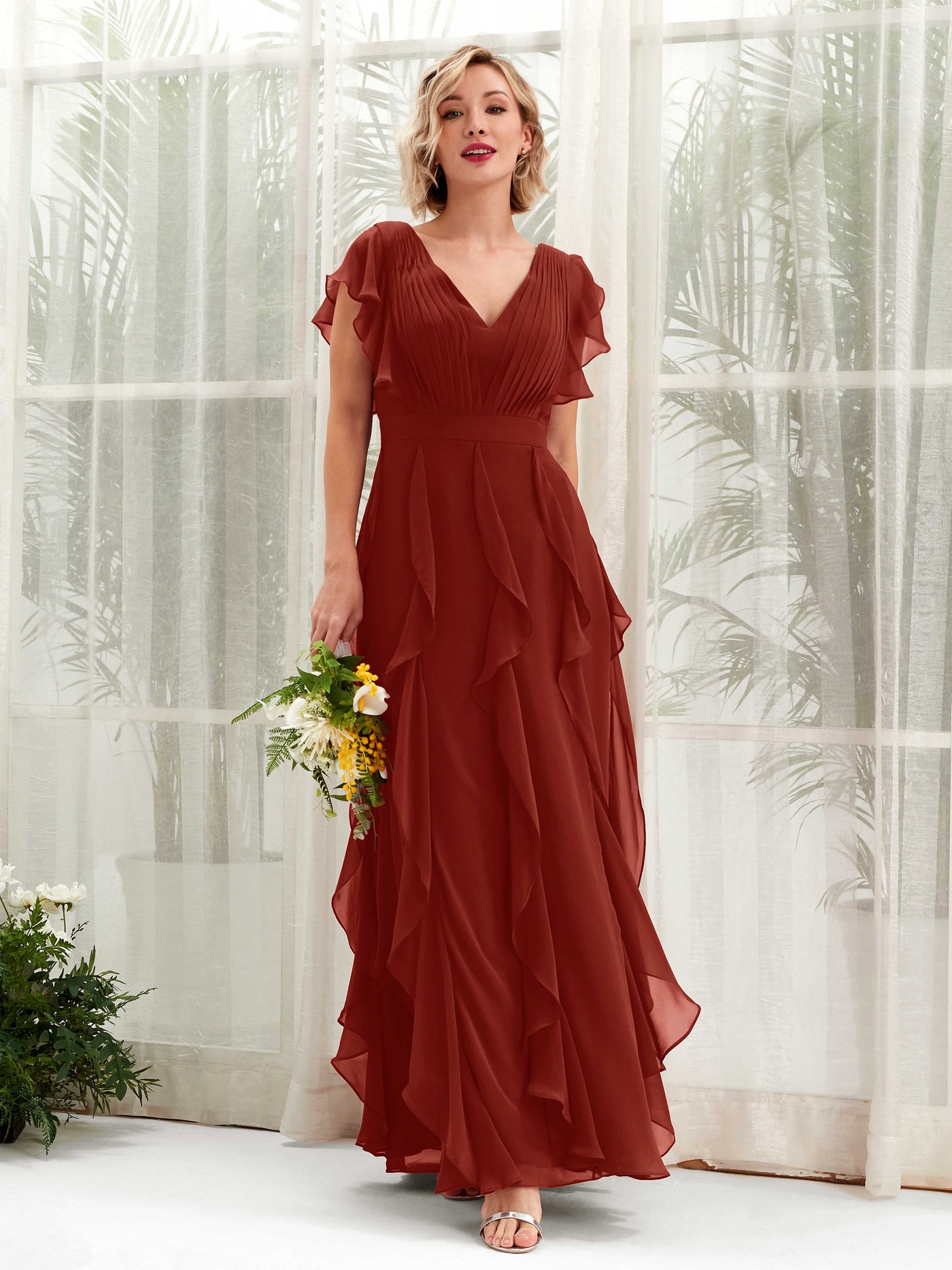 A-line V-neck Short Sleeves Chiffon Bridesmaid Dress - Rust (81226019)#color_rust