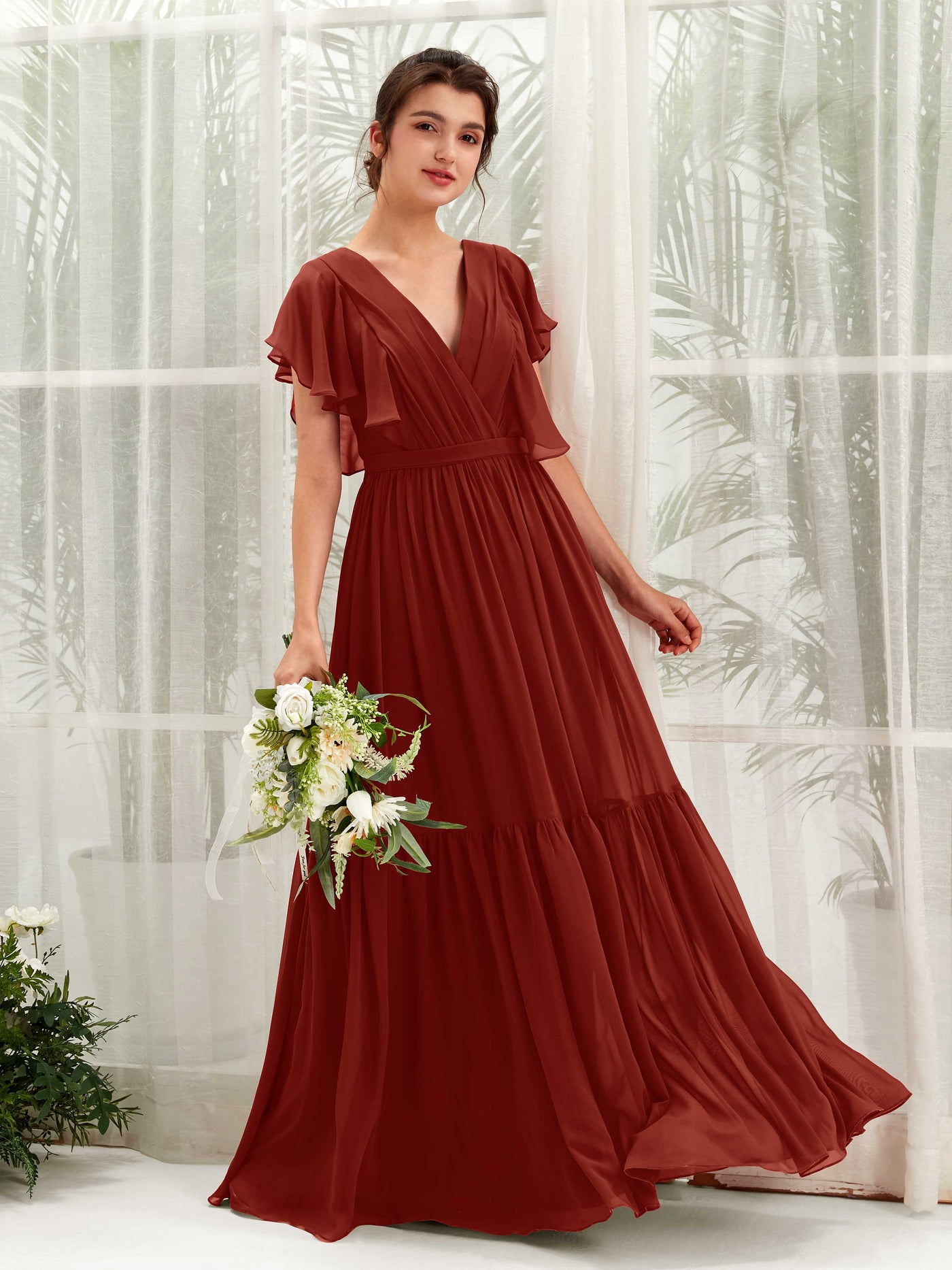 V-neck Cap Sleeves Chiffon Bridesmaid Dress - Rust (81225919)#color_rust