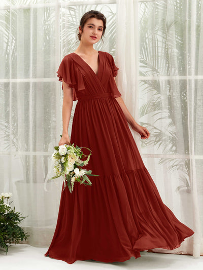 Carlyna Chaya A-Line Rust Bridesmaid Dress Maxi Cap Sleeve V-Neck Dress Front View #color_rust