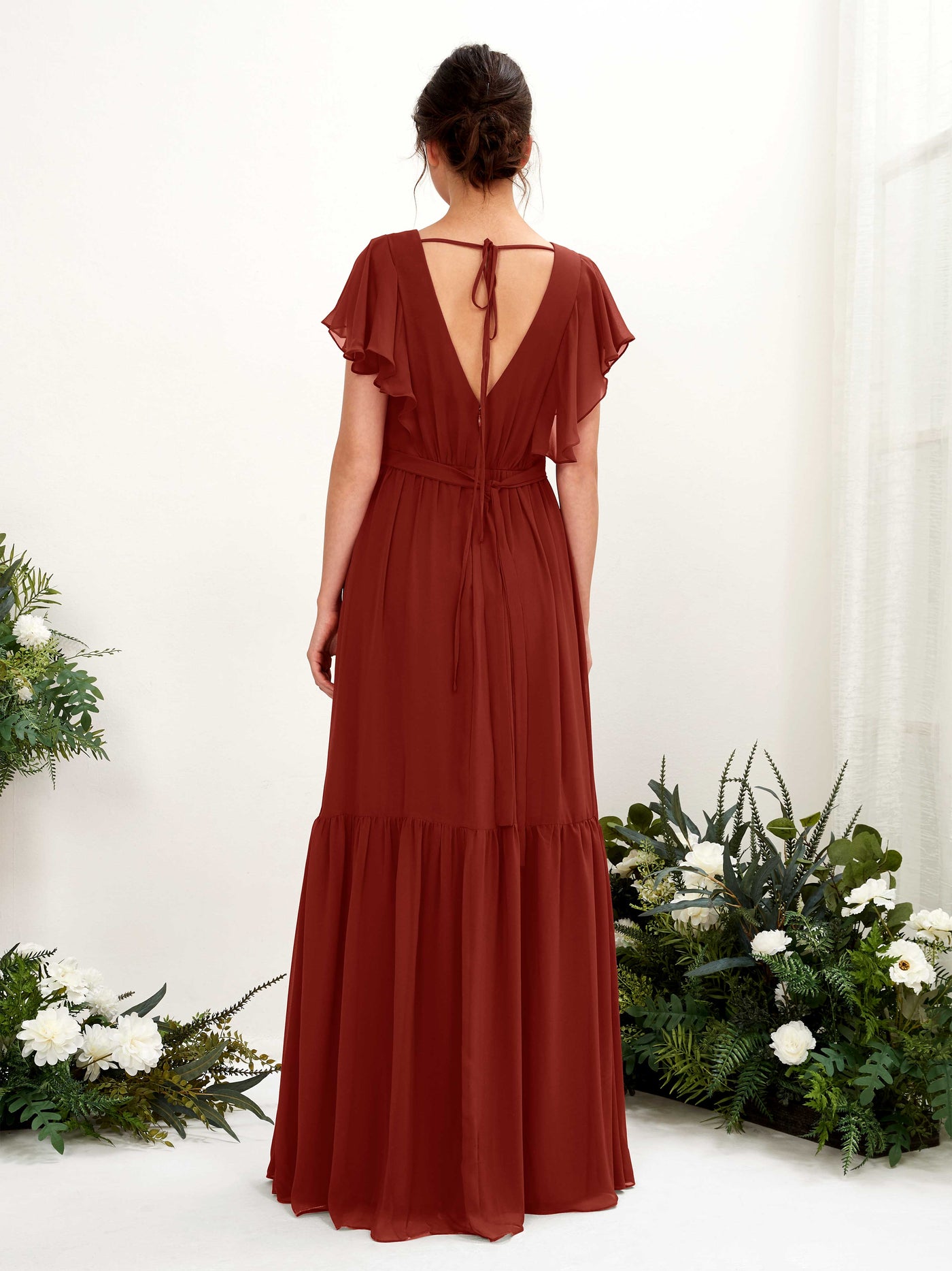 V-neck Cap Sleeves Chiffon Bridesmaid Dress - Rust (81225919)#color_rust