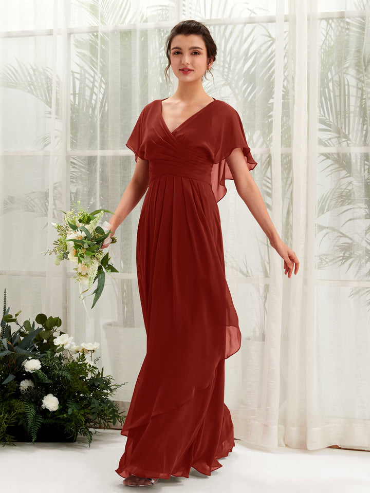 V-neck Short Sleeves Chiffon Bridesmaid Dress - Rust (81226119)