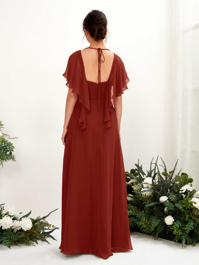 Carlyna Darlene A-Line Rust Bridesmaid Dress Maxi Short Sleeve V-Neck Dress Back View #color_rust