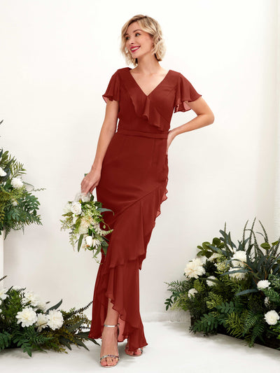 Carlyna Eartha Mermaid Rust Bridesmaid Dress Maxi Cap Sleeve V-Neck Dress Front View #color_rust
