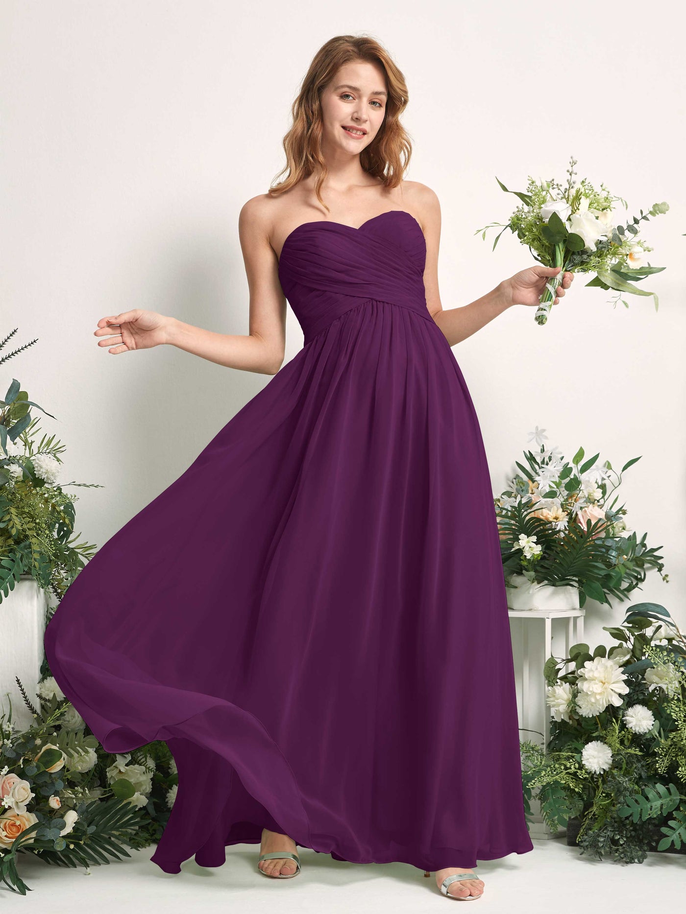 Bridesmaid Dress A-line Chiffon Sweetheart Full Length Sleeveless Wedding Party Dress - Grape (81226931)#color_grape