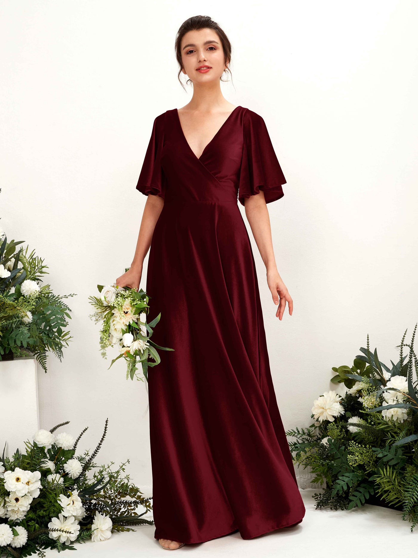 Burgundy Bridesmaid Dresses Bridesmaid Dress A-line Velvet V-neck Full Length Short Sleeves Wedding Party Dress (80224013)#color_burgundy