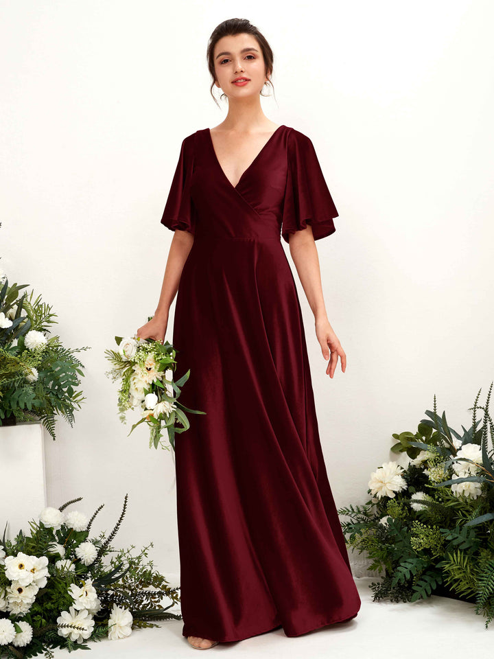 Burgundy Bridesmaid Dresses Bridesmaid Dress A-line Velvet V-neck Full Length Short Sleeves Wedding Party Dress (80224013)