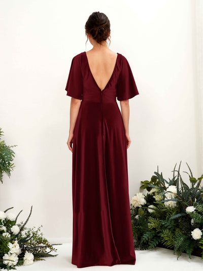 Carlyna Janet A-Line Burgundy Velvet Bridesmaid Dress Maxi Short Sleeve V-Neck Dress Back View #color_burgundy